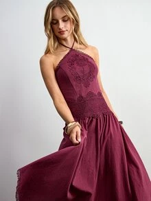 Willow Rêve Women's Embroidered Lace Halter Neck Asymmetrical Hem Dress - Red Plum - View 5