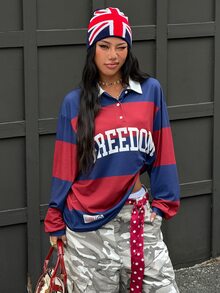 Coolane 男女款冬季街頭風休閒外出紅色條紋圖案運動休閒寬鬆長袖 Polo T恤，情侶同款 - 紅色 - 查看 1