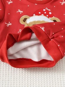 Cozy Pixies 2件組女嬰童休閒日常舒適印花拼接刺繡圓領長袖衛衣與運動長褲針織套裝，聖誕馴鹿、聖誕熊、聖誕帽3D動物圖案，適合秋冬，街頭復古風，穿著輕鬆舒適，兒童秋冬疊穿 - 紅色 - 查看 11
