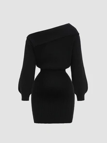 Sweetra Vintage Gold Buckle Off-Shoulder Bodycon Knit Dress - Black - View 2