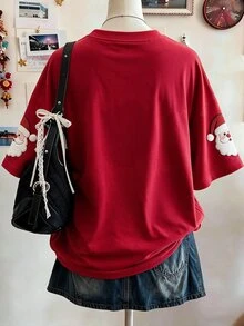 Collagica Collagica Letter Pattern Vertical Stripe Print Fashionable Minimalist Oversized Mid-Length Round Neck Drop Shoulder Women's T-Shirt Friend's Gift - Multicolor - View 2
