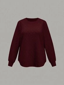 SHEIN LUNE 大尺碼女款紋理圓領長袖休閒百搭衛衣 - 酒紅色 - 查看 5