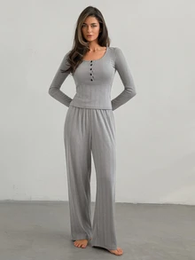 DAZY Women's Solid Color Button Half-Placket Long Sleeve Top And Pants Loungewear Set - Grey - View 12