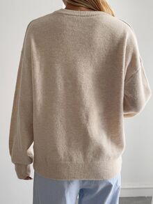 Livesso Petite Women's Solid Color Round Neck Drop Shoulder Long Sleeve Casual Sweater, Autumn/Winter - Khaki - View 5