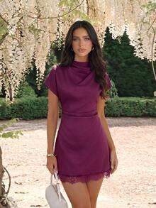 Firerie Women's Vintage Lace Patchwork Pleated Dress - Red Violet - View 6