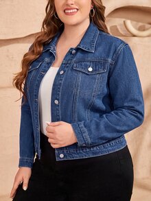 EMERY ROSE Plus Size Street Style Button Long Sleeve Fashion Denim Jacket - Light Wash - View 3