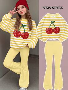 Tween女孩休閒極簡時尚經典黃色與白色條紋、可愛亮面紋理櫻桃、復古黃色，圓領落肩衛衣與修身寬腿褲2件套，適合秋冬舒適秋季與冬季風格，Y2K，復古 - 白色 - 查看 2