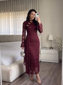 Celisse Women's Lace Patchwork Ruched Elegant Waist-Cinching Party Dress - Burgundy - View 5