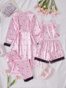 Girls' PJs Big Tween Girl Minimalist Pink Striped Heart Print Pajama Set With Camisole, Shorts And Long Pants Multi-Piece Loungewear - Multicolor - View 2