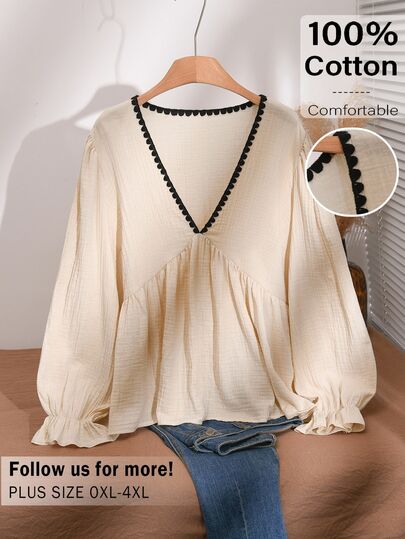 CosyJoli Plus Size Women's Colorblock V-Neck Pleated Casual Daily Blouse