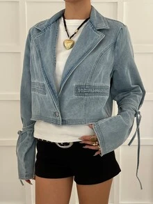 DAZY Women's Lapel Neck Long Sleeve Casual Versatile Denim Jacket - Blue - View 4