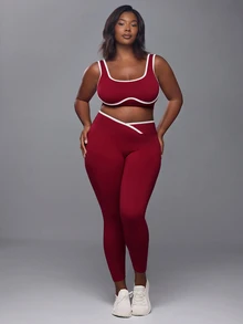 Voyena Plus Size Colorblock Tank Top And Criss-Cross Waist Long Pants Set - Red - View 4