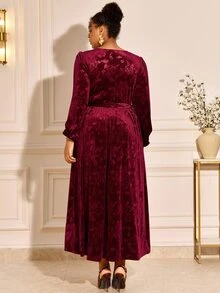 BrightlyHer Plus Size Women V-Neck Pleated Casual Daily Summer Dress - Burgundy - View 2