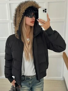 DAZY Women's Plush Patchwork Casual Versatile Winter Padded Coat - Black - View 3