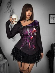 Whyspr Harley Quinn X SHEIN Plus Size Women's Cartoon Pattern Casual Daily Long Sleeve T-Shirt - Multicolor - View 8