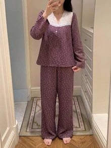 DAZY 2pcs/Set Women's Pajama Set, Lace Patchwork Sweet Floral Loose Long Sleeve Top And Straight Leg Long Pants - Purple - View 4