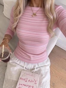 CovetEZ 女款甜美簡約條紋拼色T恤，適合日常穿著 - 彩色 - 查看 5