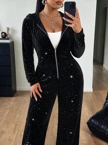 POPSWAY Plus Size Casual Rhinestone Hooded Sweatshirt & Pants 2 Pieces Set With Fur Patchwork, Autumn/Winter - Black - View 3