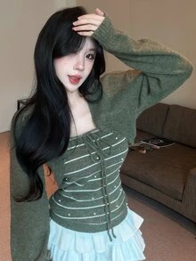 DAZY 2PCS Women Sweater Co-Ords - Dark Green - View 7