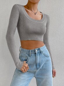 SHEIN X Antonella SHEIN EZwear 秋冬款白色圓領羅紋針織短版毛衣 - 淺灰色 - 查看 3