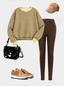 Setelan Sweatshirt dan Legging Leher Bulat Bergaris Horizontal Warna Blok Kuning Hitam Abu-abu untuk Anak Perempuan Remaja Musim Gugur/Dingin - MultiWarna - View 4