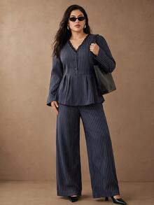Juhart Plus Size Women's Striped V-Neck Long Sleeve Top And Pants Casual Daily 2 Pieces Set - Navy Blue - View 6