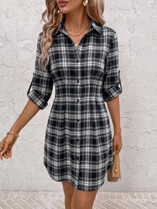 SHEIN Clasi 女款休閒復古2000年代格紋前扣洋裝，秋季職場棕色格紋 - 黑色 - 查看 4