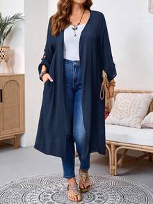SHEIN Tall CURVE 大尺碼女款秋冬辦公晚餐外出長款開襟黑色大衣，商務休閒風 - 藏蓝色 - 查看 3