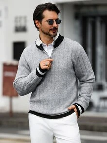 Marcello Vane 男士秋冬高領長袖套頭毛衣，時尚修身休閒羅紋拼色 1/4 拉鍊針織開襟衫 - 灰色 - 查看 4