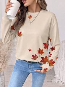 SHEIN LUNE 女款休閒葉子印花長袖運動衫 - 白色 - 查看 5