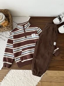 SHEIN Little Byeori 兒童 2件組小男孩休閒套裝－立領套頭連帽衛衣與保暖內裡秋季長褲，適合冬季、學校、返校穿著，舒適套裝 - 彩色 - 查看 1