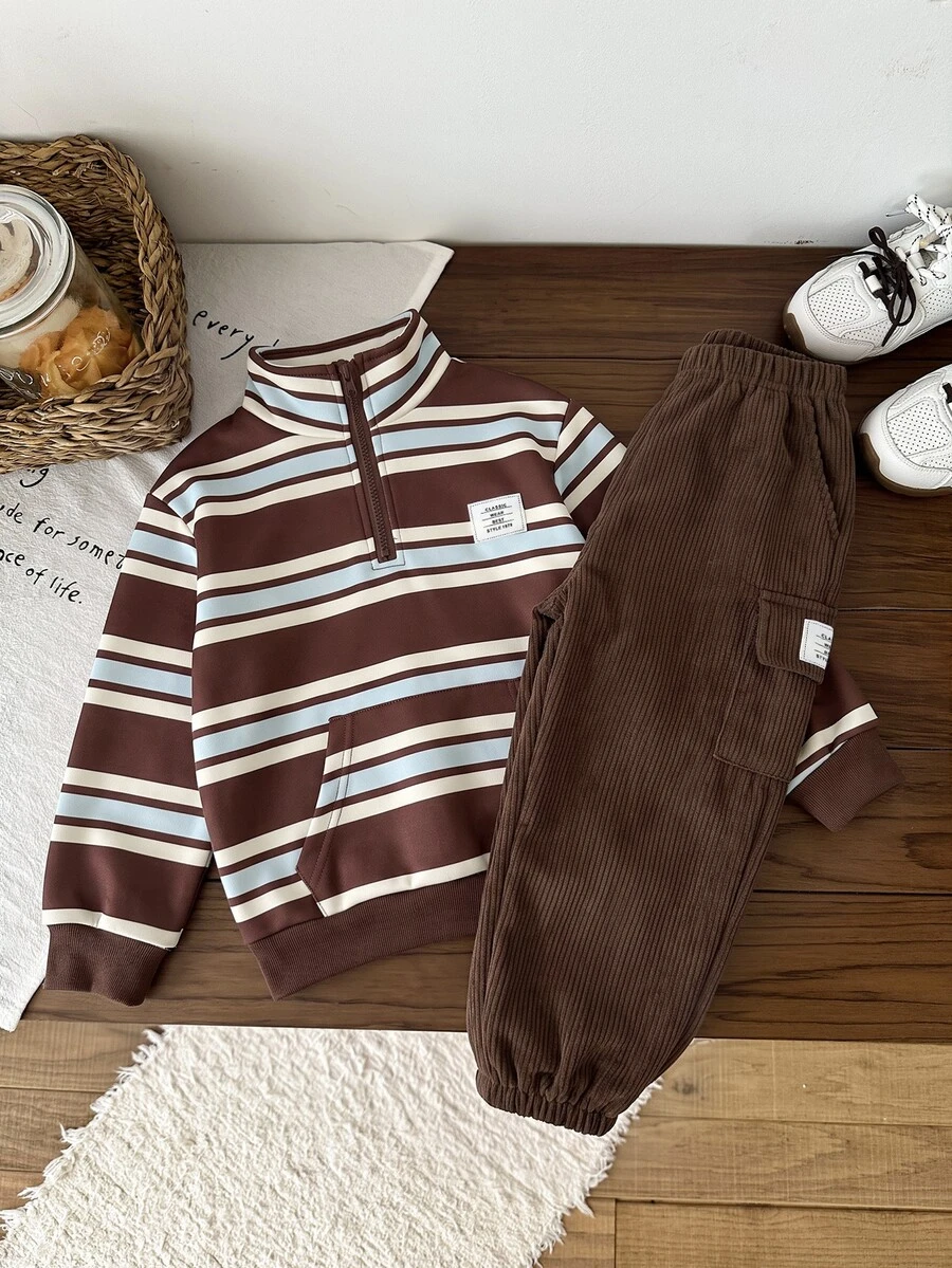 SHEIN Little Byeori 兒童 2件組小男孩休閒套裝-立領套頭連帽衛衣與保暖內裡秋季長褲,適合冬季、學校、返校穿著,舒適套裝 - 彩色 - 查看 1