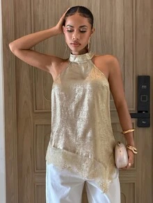 Aloruh 女款蕾絲拼接休閒日常外出掛脖上衣 - 金色 - 查看 5