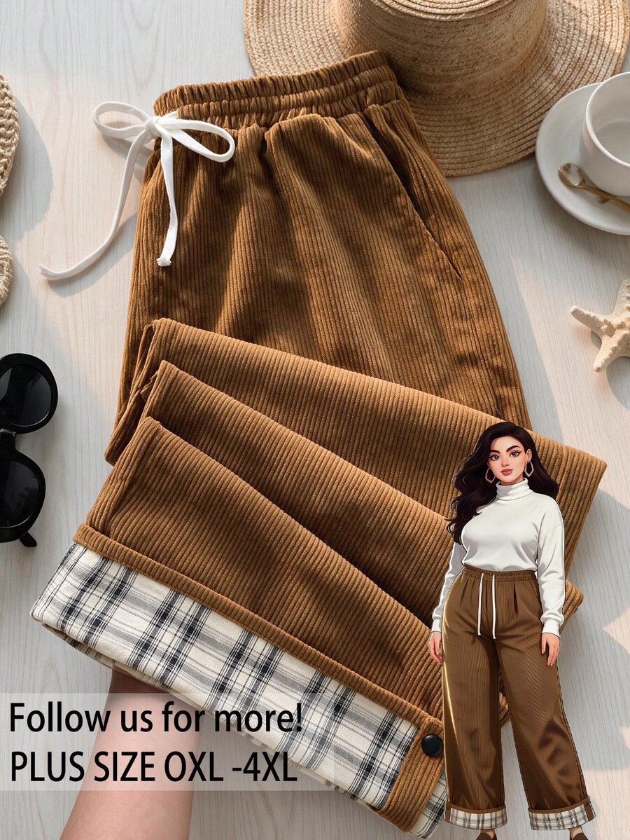 Rusticease Damen Große Größen Patchwork Karomuster Kordelzug Taille Weite Beine Locker Lange Hose - Braun - Übersicht 1