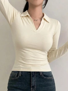 DAZY 女款純色長袖修身 Polo 領 T 恤 夏季 - 杏色 - 查看 2