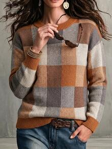 SHEIN 女款格紋圓領長袖休閒套頭毛衣 - 橘色 - 查看 5