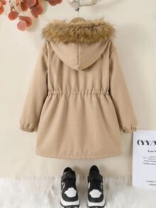 Baby Girl Plush Patchwork Thermal Lined Casual Versatile Long Sleeve Hooded Winter Jacket - Khaki - View 3