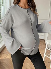 Dazy Maternity Contrast Color Ruffle Wave Hem Loose Long Sleeve Bell Sleeve Casual Vacation Korean Style Spring Autumn Maternity T-Shirt - Grey - View 6