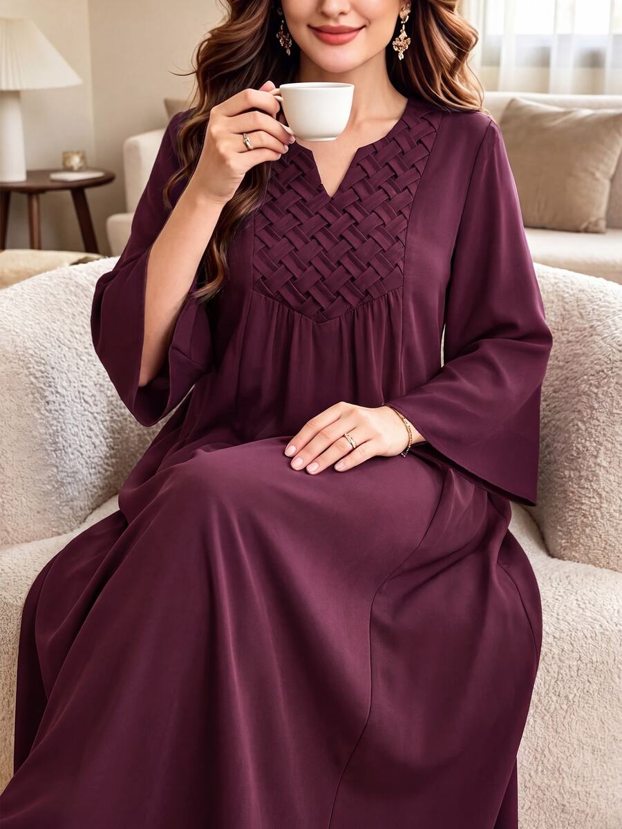 Al Najma Burgundy Abaya Muslim Dress, Woven Textured VNeck Bell Flare Sleeve Loose Flowy Soft Fabric Arabic Robe For Daily Party Evening, Modest Elegant - Burgundy - View 1