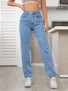 SHEIN Tall Solid Color High Waist Mom-Fit Jeans, Tall Women - Blue - View 3