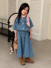 Dazy Kids Tween Girl) Denim Round Neck Long Sleeve Denim Short Sleeve Casual Washed Dress - Medium Wash - View 3