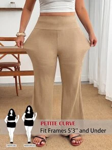 SHEIN PETITE CURVE 大尺碼女款休閒黑色高腰喇叭褲 秋季 - 卡其色 - 查看 3