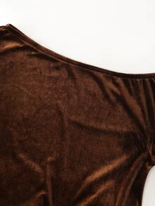 LUMIGAL Dyed Asymmetrical Shoulder Lace Long Sleeve Velvet Dress For Women - Coffee - View 5