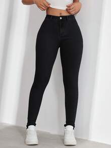 SHEIN ICON 大尺碼女款休閒舒適淺藍色彈性牛仔褲 - 黑色 - 查看 9