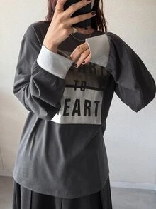 FRIFUL Women's Letter Print Drop Shoulder Long Sleeve Casual T-Shirt - Grey - View 3