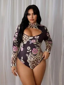 Rustia Plus Size Printed Leopard Print Long Sleeve Cut Out Chest Hollow Waist Bodysuit - Multicolor - View 1