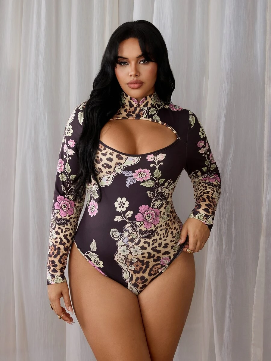 Rustia Plus Size Printed Leopard Print Long Sleeve Cut Out Chest Hollow Waist Bodysuit - Multicolor - View 1