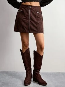 Willow Rêve Women's Brown Suede Zipper Front Casual Skirt - Brown - View 4