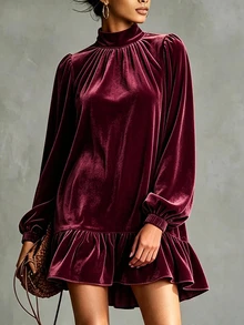 SHEIN 高領燈籠袖荷葉邊天鵝絨洋裝 - 酒紅色 - 查看 3