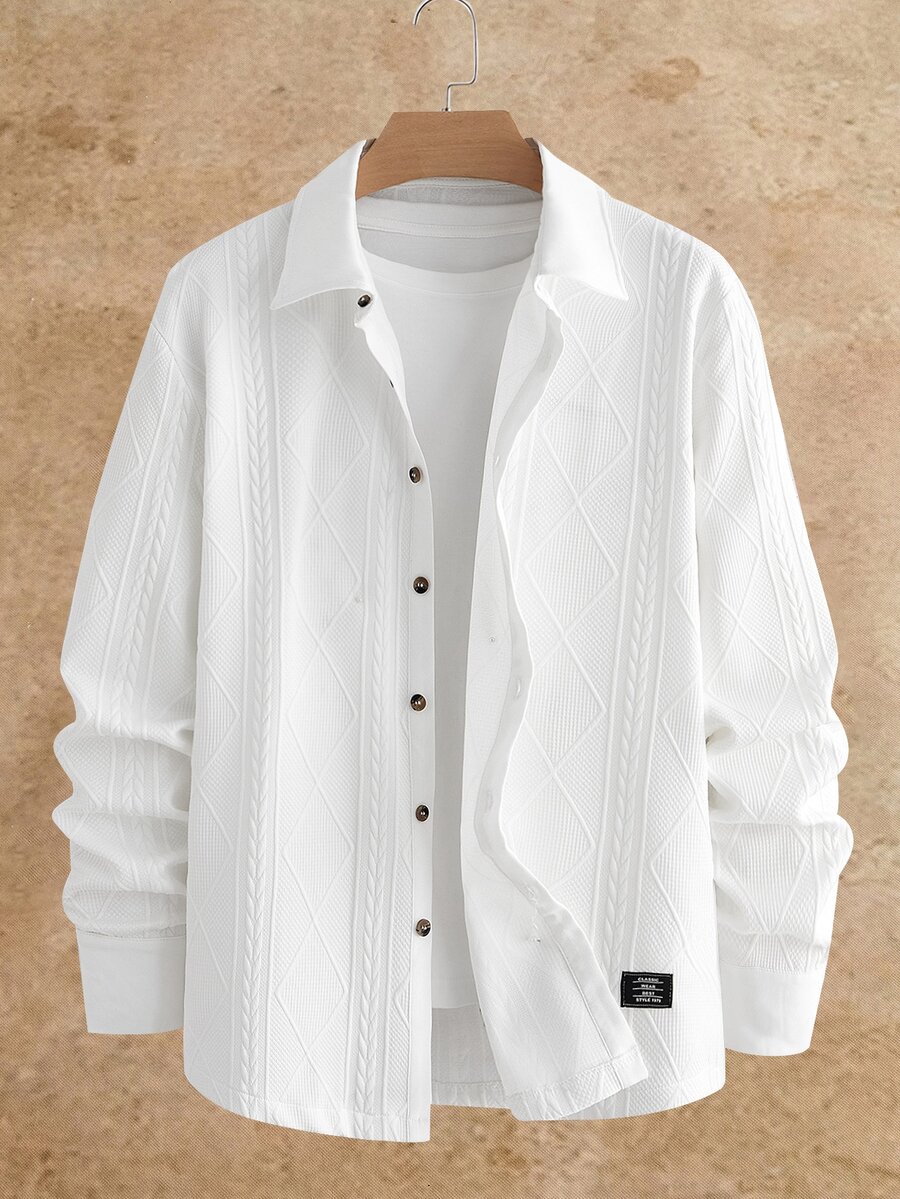HIMLAND Men's White Diamond-Textured Knit Shirt, Long-Sleeve Button-Up ...